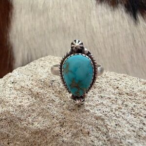❤️ Lone Mountain Turquoise Navajo Style Sterling Unisex ADJ Ring Sz 6 to 9
